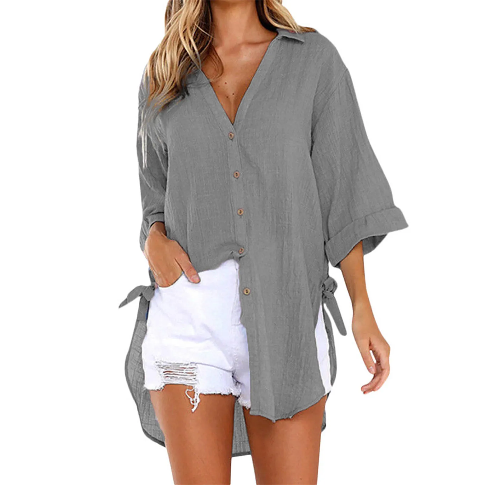 

Harajuku T Shirt Women Loose Button Long Shirt Dress Cotton Ladies Casual V-neck Button Decoration Tops T-shirt Mujer Top2021