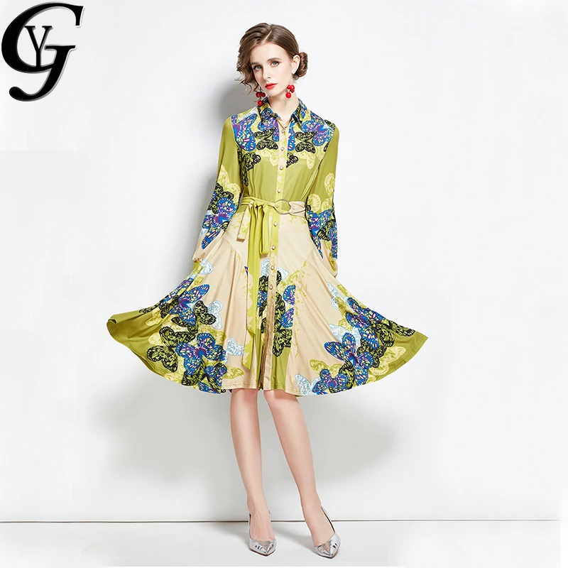 

YG Butterfly Dresses Women French Style Elegant Midi Dresses Women 2020 Autumn Long Sleeve Bandage Floral Printed Vintage Dress