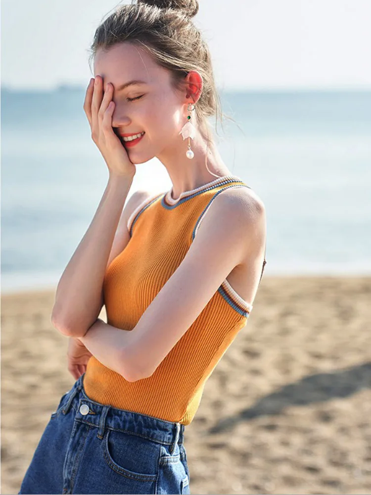 women Striped Color collision knitted vest female lady Girls suspenders waistcoats thin summer ice silk sleeveless Tank Tops