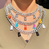 new trendy candy cartoon bear necklace for women silver color iced out chunky cuban link chain choker hip pop rhinestone jewelry