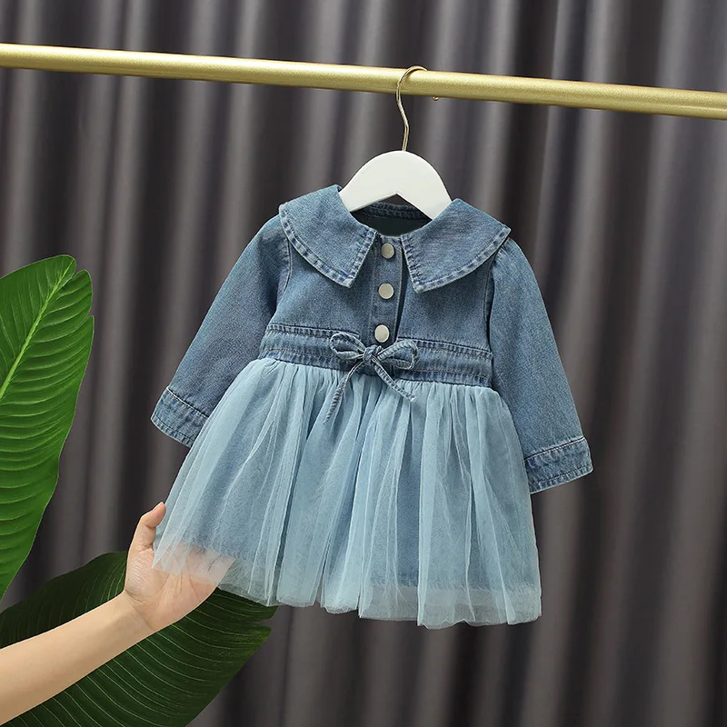 

Baby Girls Sweet Mesh Dress 2020 Autumn Long Sleeve Fashionable Denim Skirt Lapel Bubble Skirt Princess Dress Kids