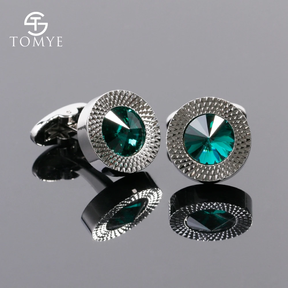 

TOMYE Men's Cufflinks Luxury High Quality Green Crystal Silver Colour Copper Wholesale Shirt Cuff Links Round Jewelry XK19S010
