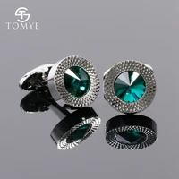 tomye mens cufflinks luxury high quality green crystal silver colour copper wholesale shirt cuff links round jewelry xk19s010