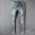 Модные облегающие прямые брюки в стиле пэчворк для мужчин, высокие мужские летние джинсы, Мужские Винтажные потертые джинсы с бахромой, байкерские джинсы для Moto