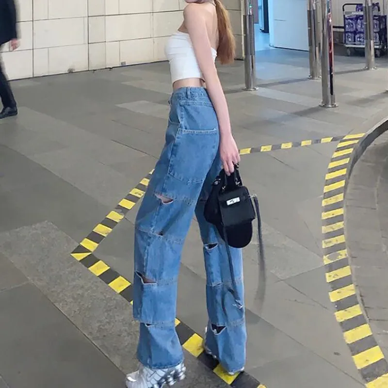

NEW Woman Jeans Ripped High Waist Clothes Wide Leg Denim Clothing Streetwear Vintage Quality Fashion Harajuku Straight Pants
