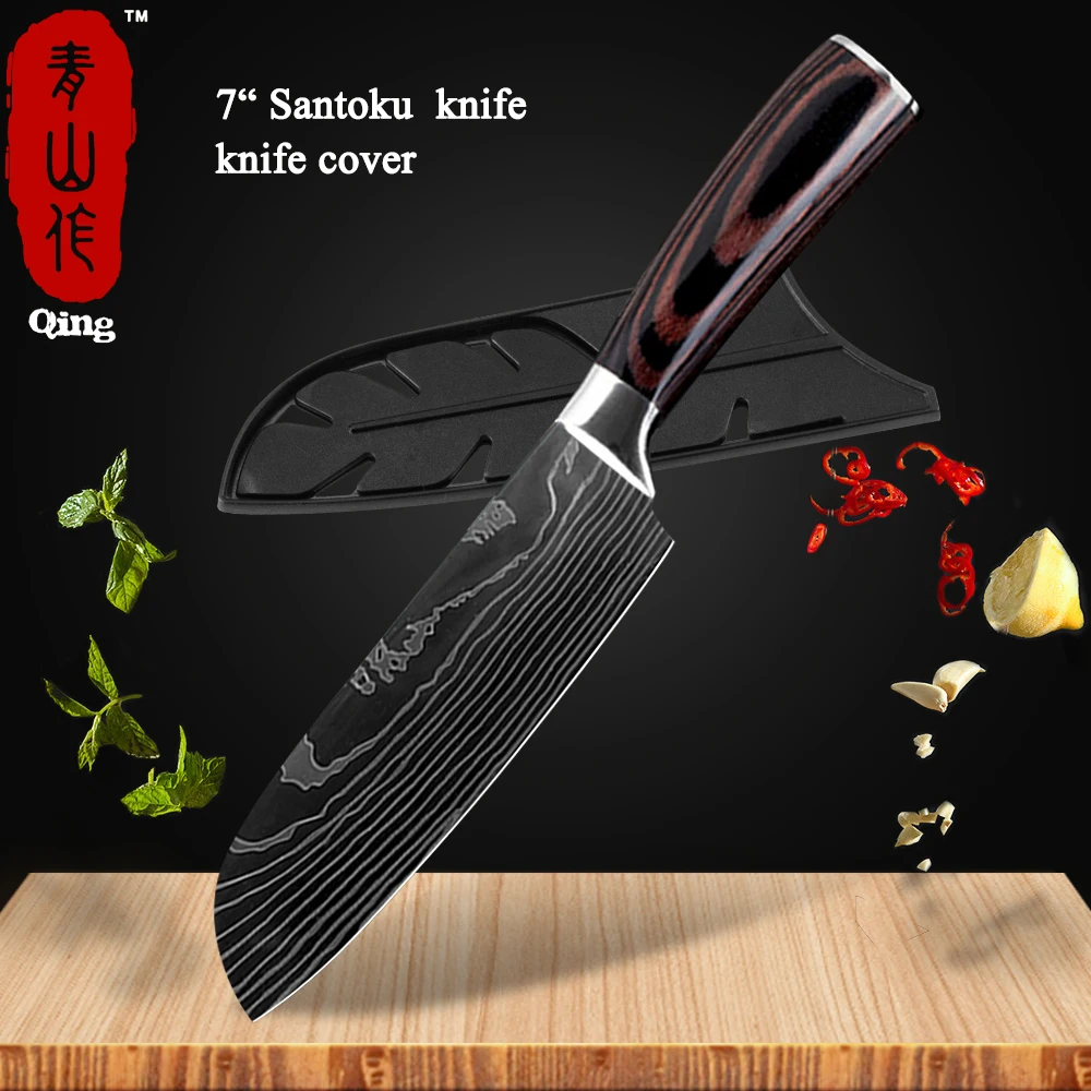 7 santoku knife Qing набор кухонных ножей лазерный дамасский узор высокоуглеродистая Нержавеющая сталь антипригарный фруктовый сантоку универсальный нож для хлеба - Цвет: 7 santoku knife