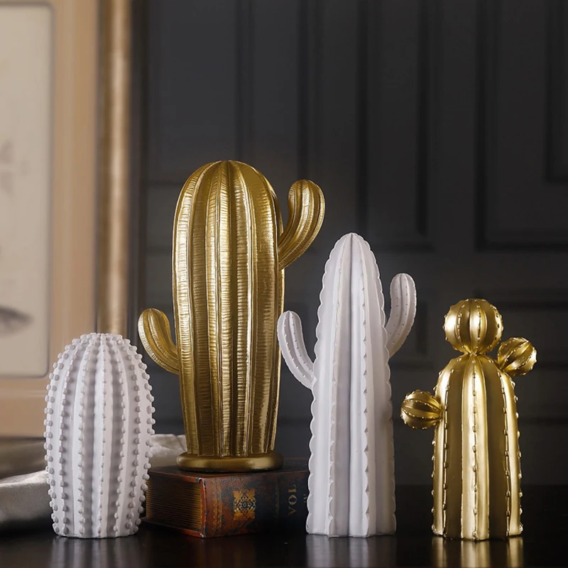 

CREATIVE PASTORAL DECORATIVE CACTUS FIGURINES RESIN SIMULATION PLANT ORNAMENTS OFFICE COMPUTER DESKTOP GOLD POTTED DECOR