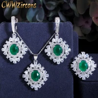 cwwzircons 3pcs shiny green stone zircon flower drop cz necklace earring and ring elegant women party costume jewelry sets t434