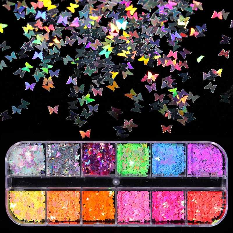 1 коробка для дизайна ногтей флуоресцентные хлопья голографические бабочки