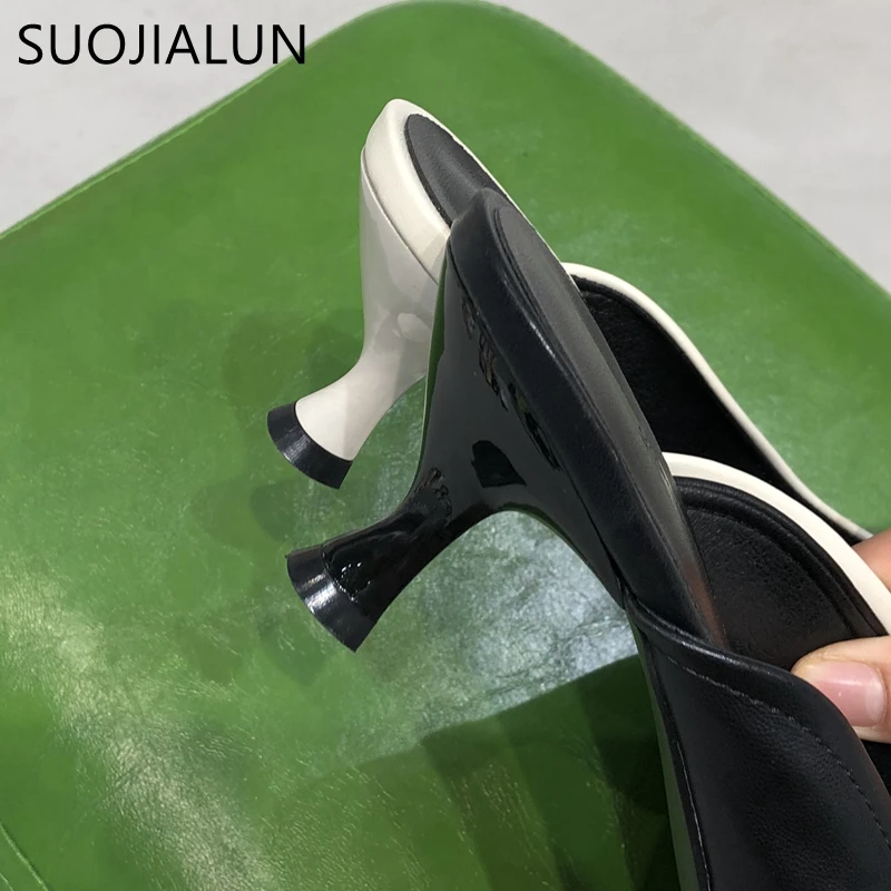 

SUOJIALUN 2021 New Women Thin High Heel Slippers Pointed Toe Slip On Elegant Mules Shoes Mix Color Ladies Slides Outdoors Sandal