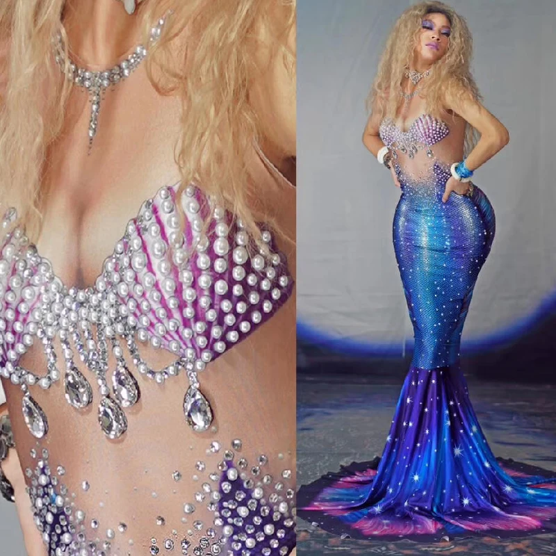 elegant Mermaid Rhinestone long Dress women sexy Club Party Birthday print Clothing Singer Stage Performance Costume drag queen |