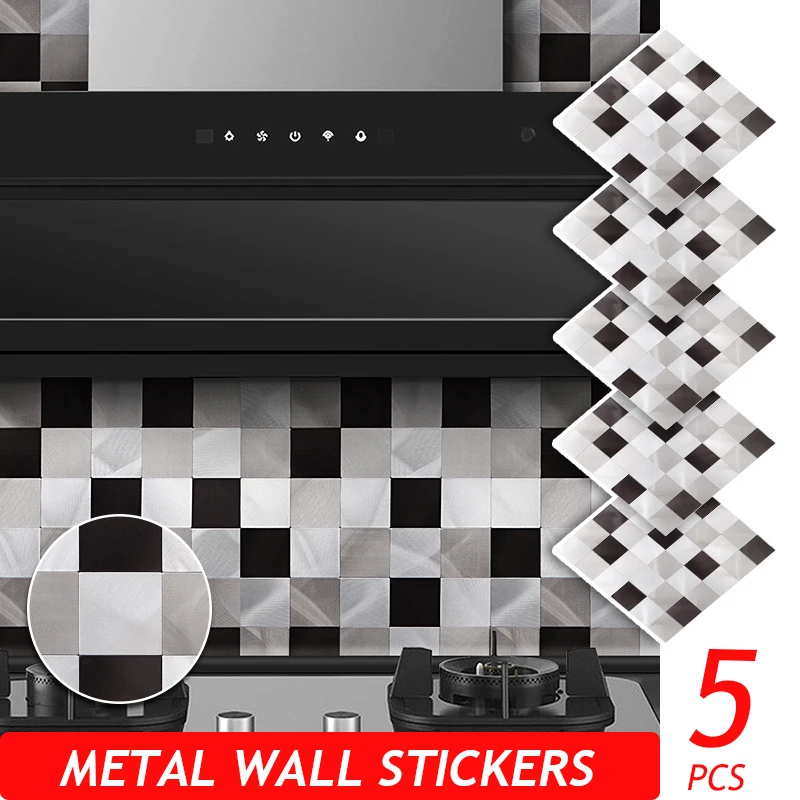 

5PCS Metal Fireproof Wall Stickers Panel for Kitchen Bathroom Home Decor Living Room Self-adhesive Waterproof PVC