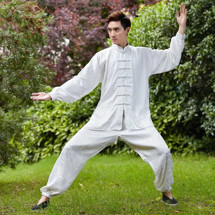 Silver Chinese Men Kung fu Uniform Cotton Tai Chi Suit Mandarin Collar Wushu Clothing Size M To XXXL NS013