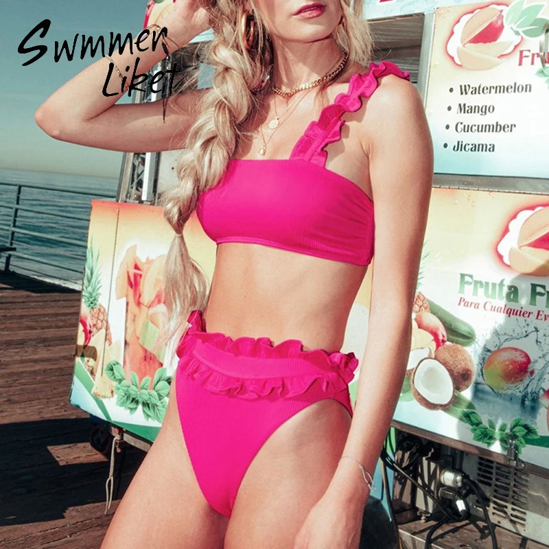 Комплект бикини с высокой талией купальник оборками женский купальный костюм