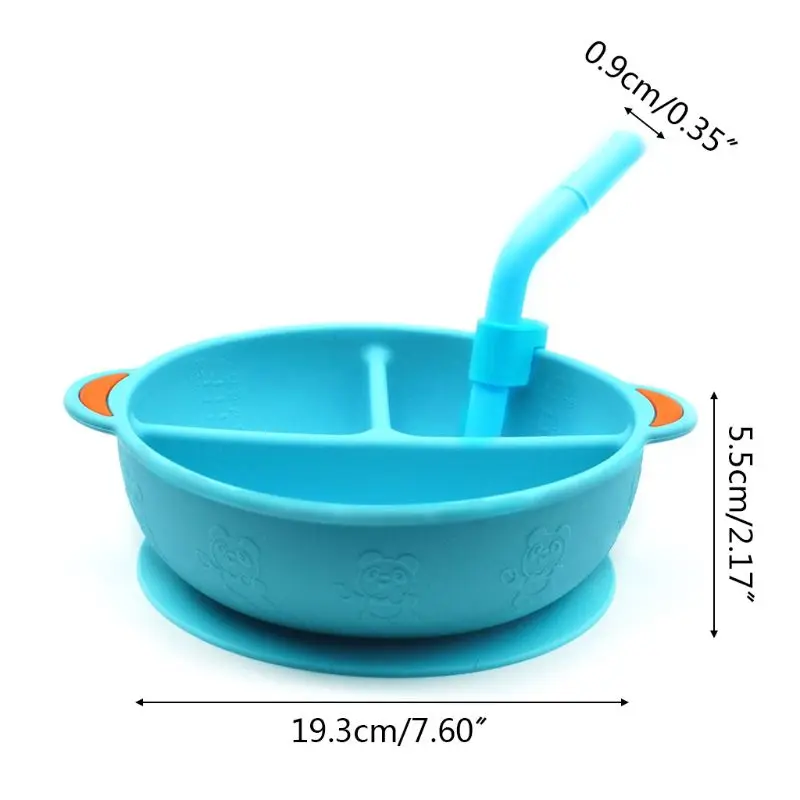 

Baby Plate Divided Food Bowl with Straw Portable 3 Grid Silicone Dish Tableware 23GD