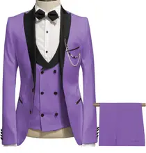 Costume de smoking 3 pièces pour homme, blazer, manteau et pantalon, Slim Fit, violet clair, personnalisé, mariage, marié, 2021  (2)
