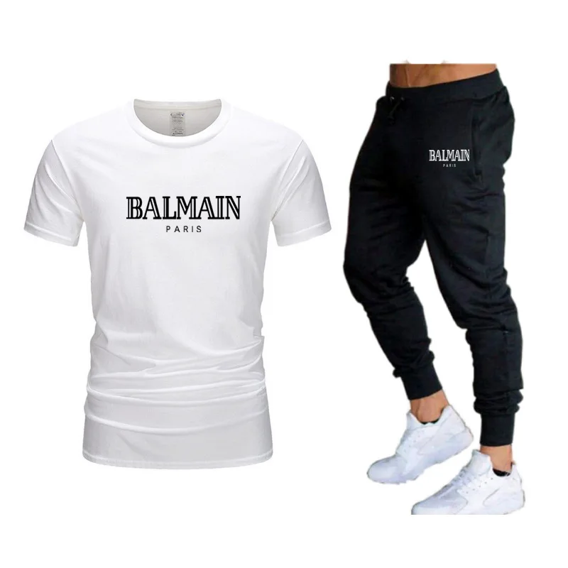 

2021BALMI Fashion Casual Sportswear Summer Alphabet Print Suit Men's Jogging Fitness Suit Men's Suit T-shirt + Pants 2-Piece Set