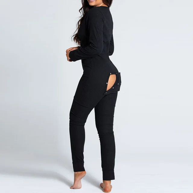 

Sexy Jumpsuit Pajamas Women Butt Cutout Buttoned Flap Sleepwear Onesies Long Sleeve V-neck Print Female Adults Romper Nightwear