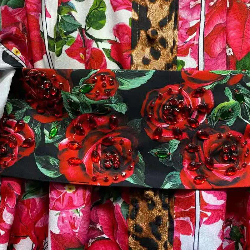 

SEQINYY Sicily Shirt Dress Vintage Red Flower Print Leopard High Quality Summer Spring New Fashion Design Women Runway Bead Belt