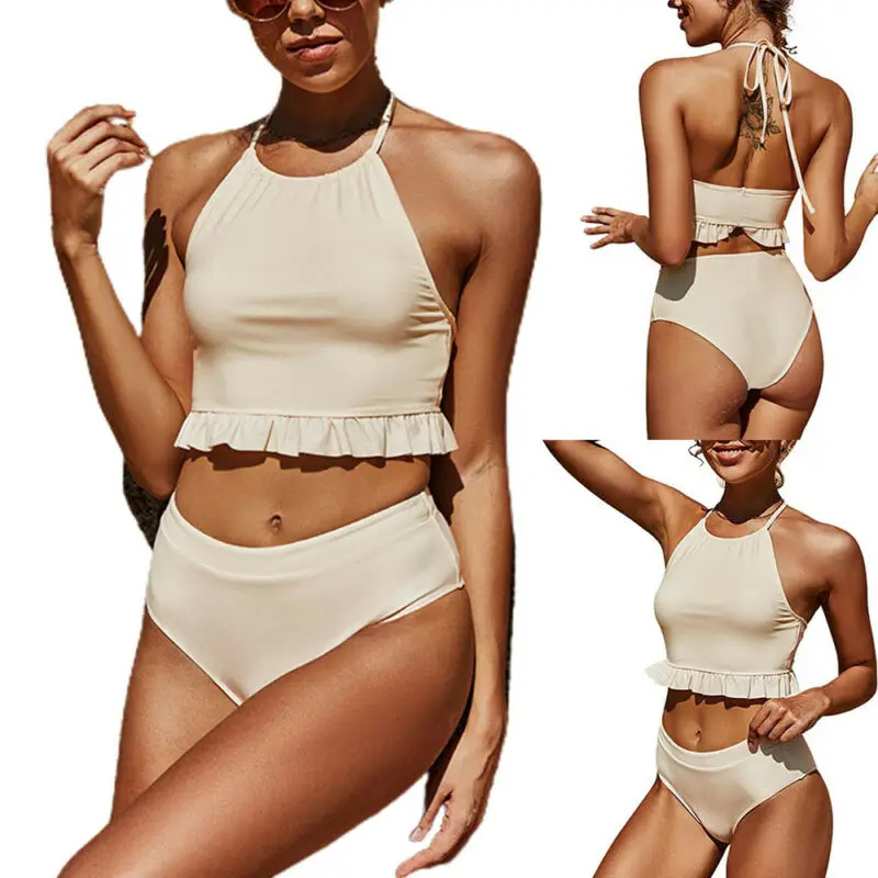 

Womens Tankini Sexy Swimwear Ruffle Frill Halter Neck Tops Plain Briefs Swimsuit