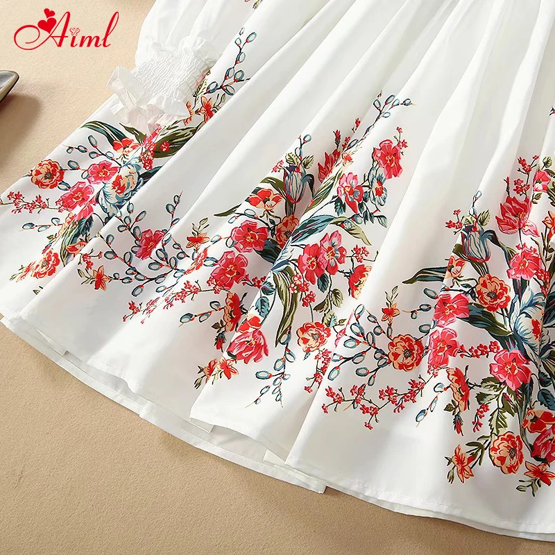 

Designer Women Summer Fashion Runway Dress Female Long Lantern sleeve Elastic Waist Holiday Party Elegant Print White Dress New