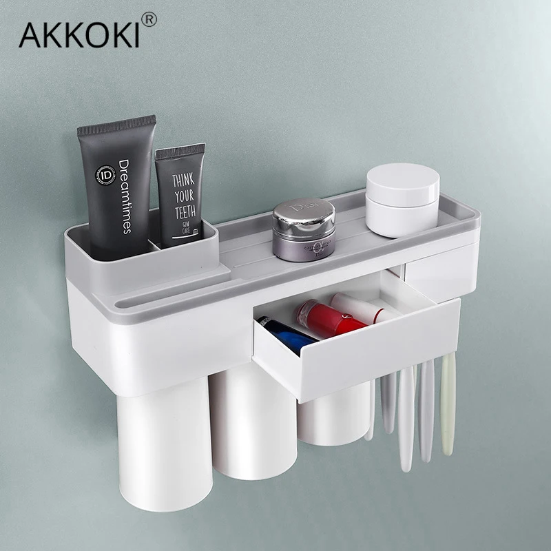 

Toothbrush Holder with Cup Bathroom Accessories Toothpaste Storage Organizer Glass for Toothbrushes Shelf Magnetic Adsorption
