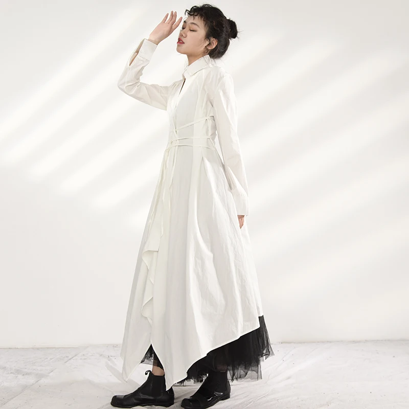 

[EAM] Women White Brief Irregular Bandage Long Dress New Lapel Long Sleeve Loose Fit Fashion Tide Spring Autumn 2021 JY77800