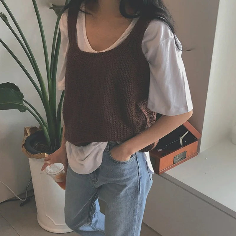 Korean women's sleeveless knitting vest fashion loose large size sweater jacket | Женская одежда