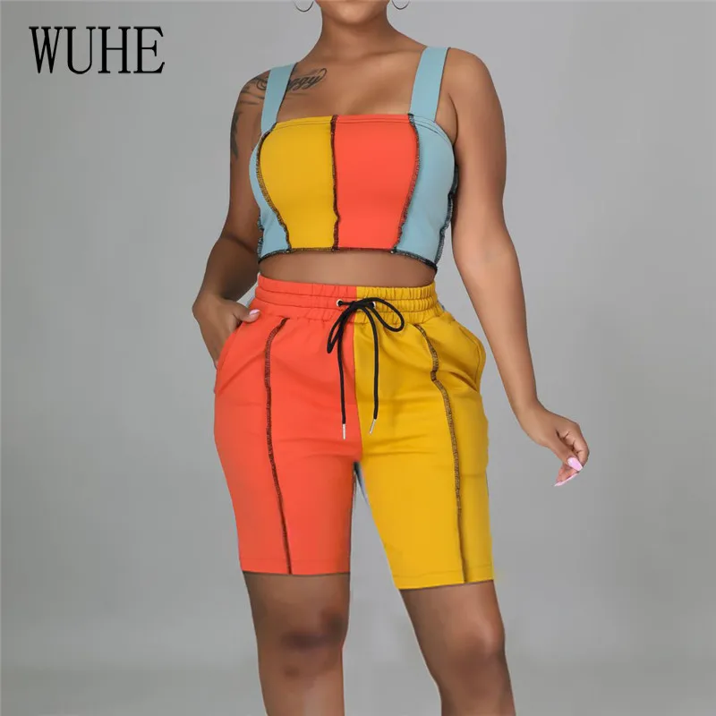 

Повседневный лоскутный комплект YEYA из двух предметов, топ с контрастным квадратным воротником и облегающие короткие брюки, спортивные трен...
