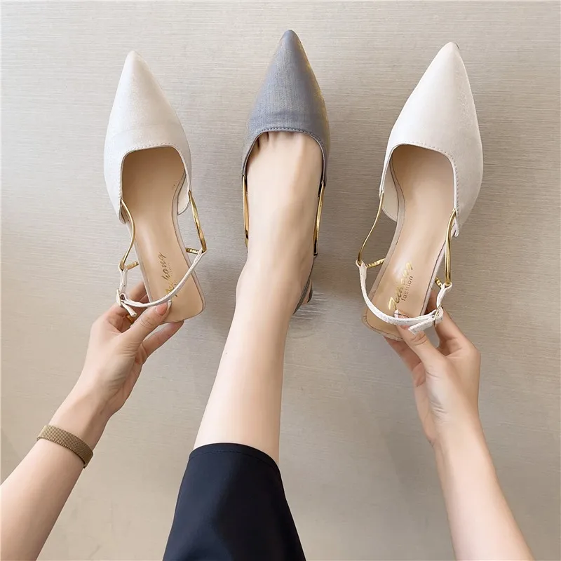 

Closed Toe Sandals Female Shoe 2021 Summer Riband High Heels Med Shallow Mouth Girls Spring Fashion High-heeled Comfort Retro Lo