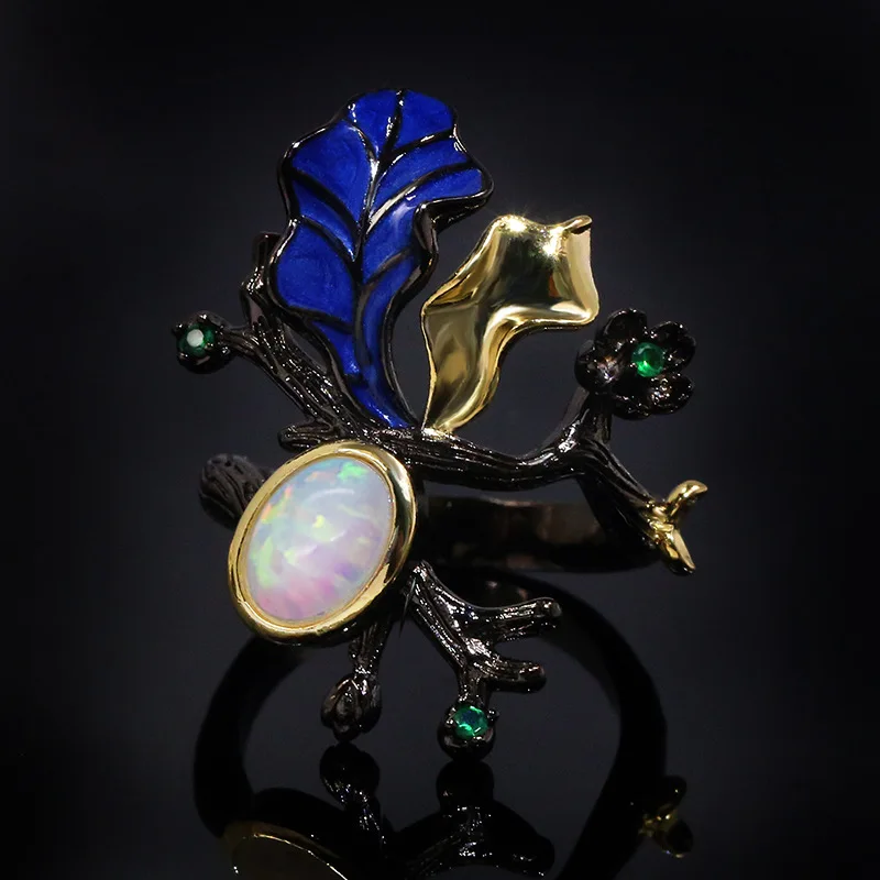 Кольцо с фианитом и опалом для мужчин женщин ювелирное украшение в виде ветки