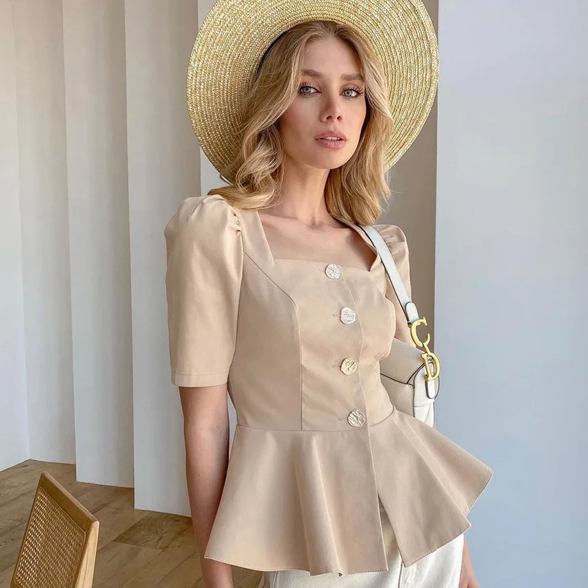 

LEXIE ZHANG Summer 2021New Fashion Elegant Women's Short-sleeved Lapel Casual Fashion Single-row Button-down French Retro Shirt