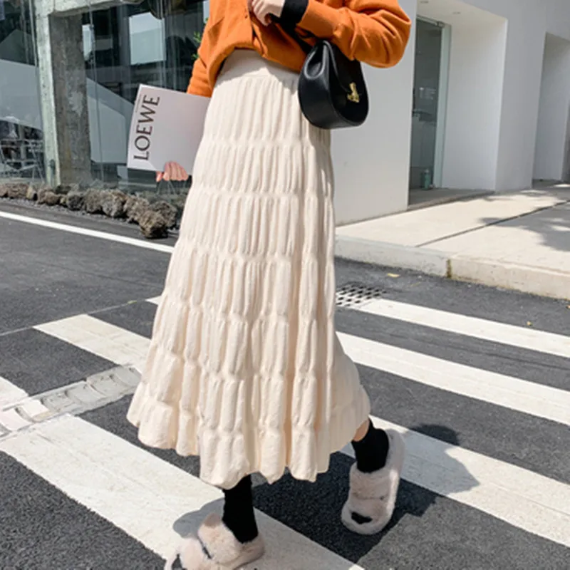 

Vintage Warm Knitted Midi Skirt Women 2021 Fashion Autumn Winter Korean Style Pleated Mid-Length High Waist Long Skirt Female