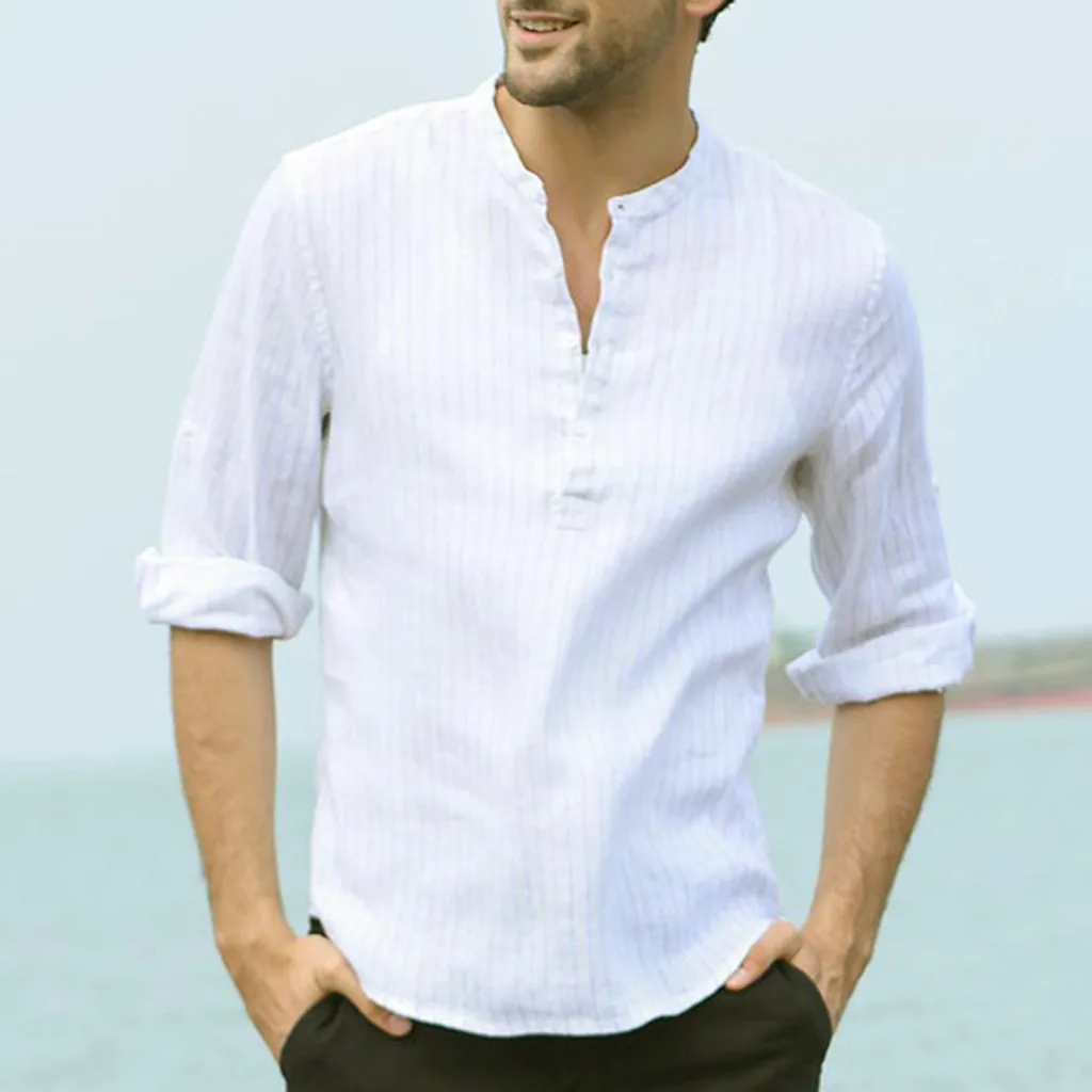 Мужская винтажная льняная рубашка с коротким рукавом в стиле ретро|Повседневные