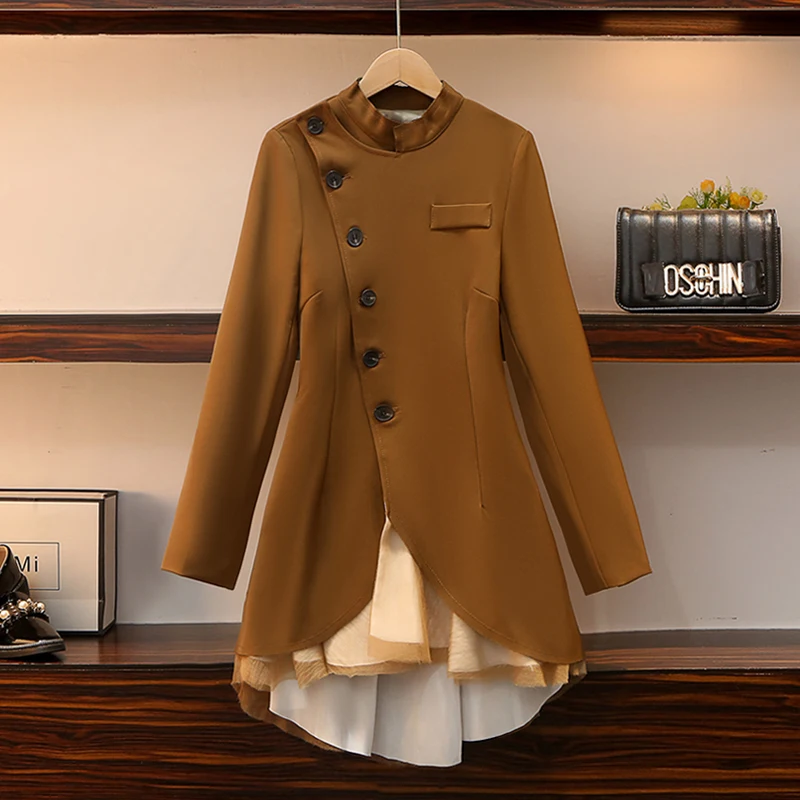 

SuperAen Plus Size Clothes Autumn New Fake Two-piece Fashion Flounced Edge A-LINE Casual Dress for Women