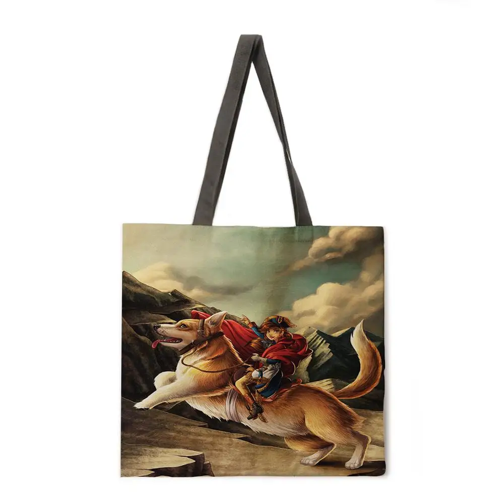 

Ladies shoulder bag linen fabric bag leisure foldable shopping bag dog oil painting print tote bag female outdoor beach bag
