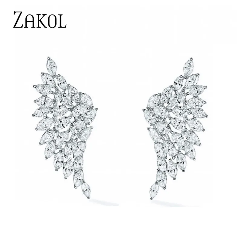 ZAKOL женские серьги-гвоздики с большими крыльями и блестящим цирконием в