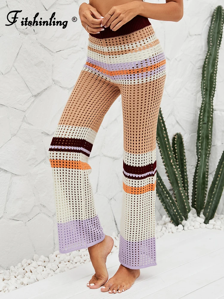 

Fitshinling Boho Vintage Knitted Women's Pants Patchwork Slim High Waist Pantalon Woman Clothes Knitwear Beach Holiday Bottoms