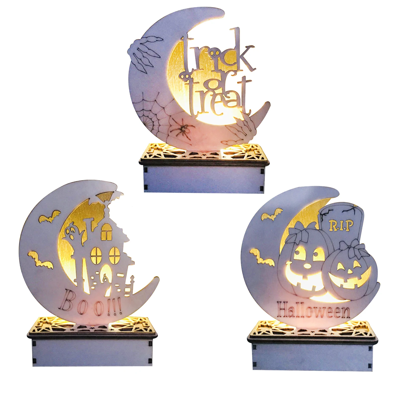Halloween Wooden DIY Moon Candle Light Ornaments Party Atmosphere Decoration LED Pony Lantern Method | Дом и сад