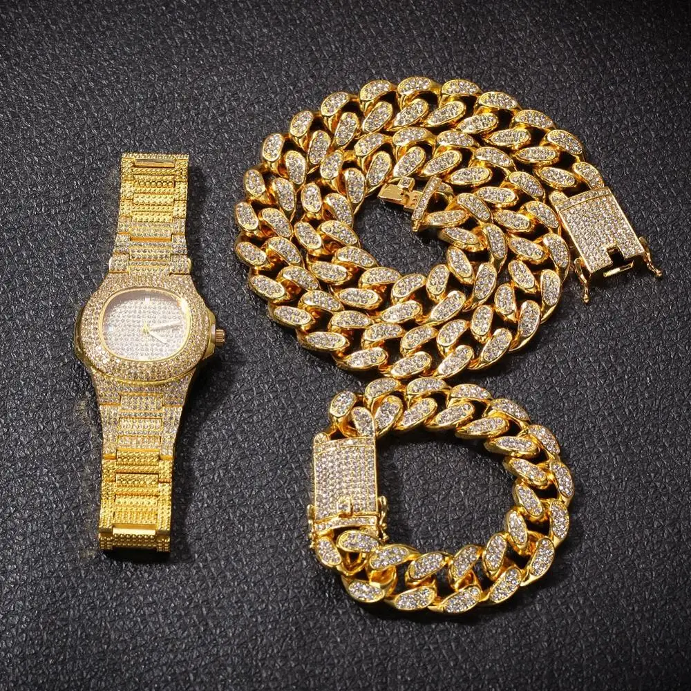 

Hip Hop Luxury Necklace +Watch+Bracelet Set Gold Color Iced Out Crystal Miami Cuban Chain Paved Rhinestones For Men Jewelry Set