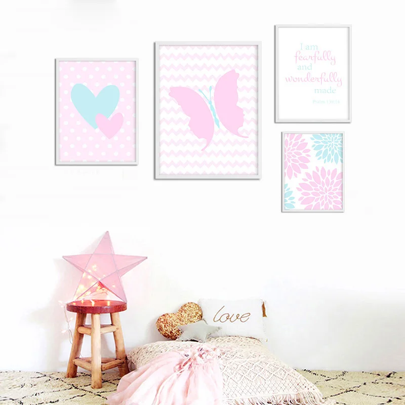 Настенная Картина на холсте детский плакат с сердечками бабочками и мультяшным