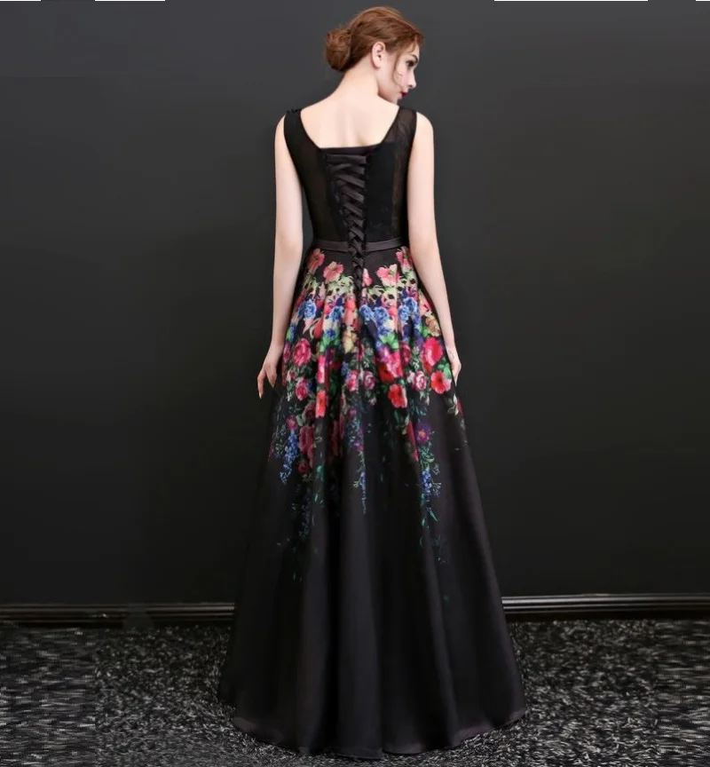 

Women's long evening dress plus size V neck sleeveless formal prom event dress black print sexy cocktail wedding party dress