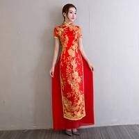 large size 3xl 4xl lady cheongsam sexy short sleeve mandarin collar qipao chinese floral sequins long dress summer vestidos