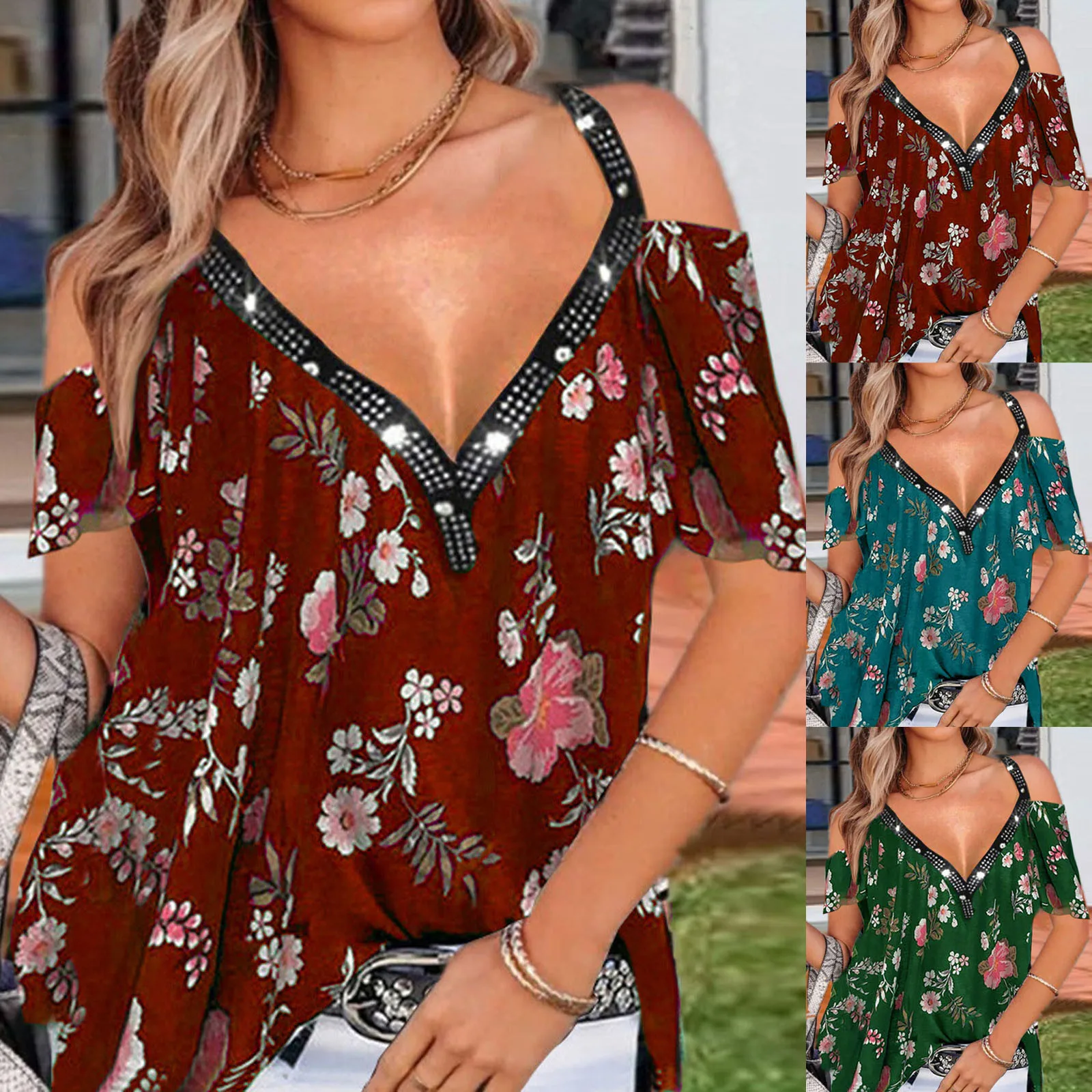 

Fashion Floral Print Spaghetti Strap Shirts Women Bohemian Sexy Off Should Deep V Streetwear Tops Female Casual Loose Tees Blusa