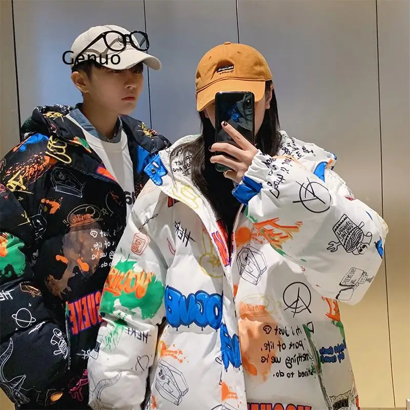 Down Cotton Jackets Hooded Men Thick Warm 2021 Graffiti Print Streetwear Winter Jacket Women Loose Oversize Coat