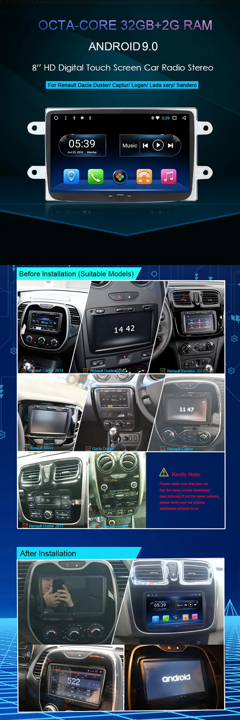 ONKAR Автомагнитола gps навигация для Renault Dacia Duster Captur Logan Лада xary Sandero головное устройство 1 din android 9,0 av in out