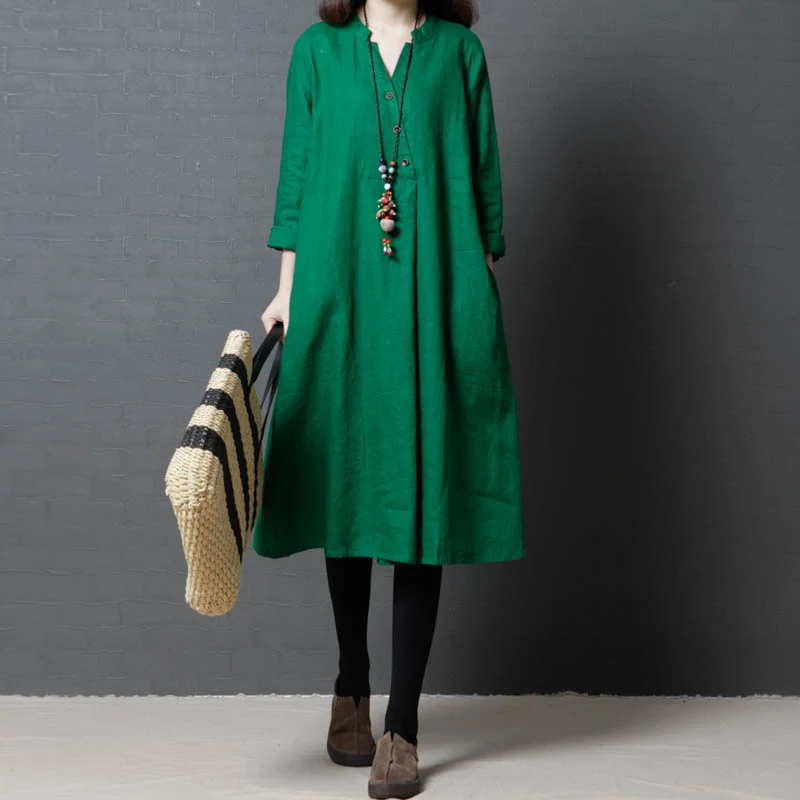 #0192 из хлопка и льна на весну осень платье с длинным рукавом v образным вырезом