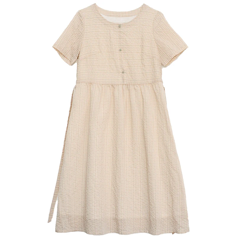 

CYNTHIA Women O-neck Plaid Dress Female Vintage Short-sleeve Summer Waisted ow-tied Dresses 21CXC-160 7Z