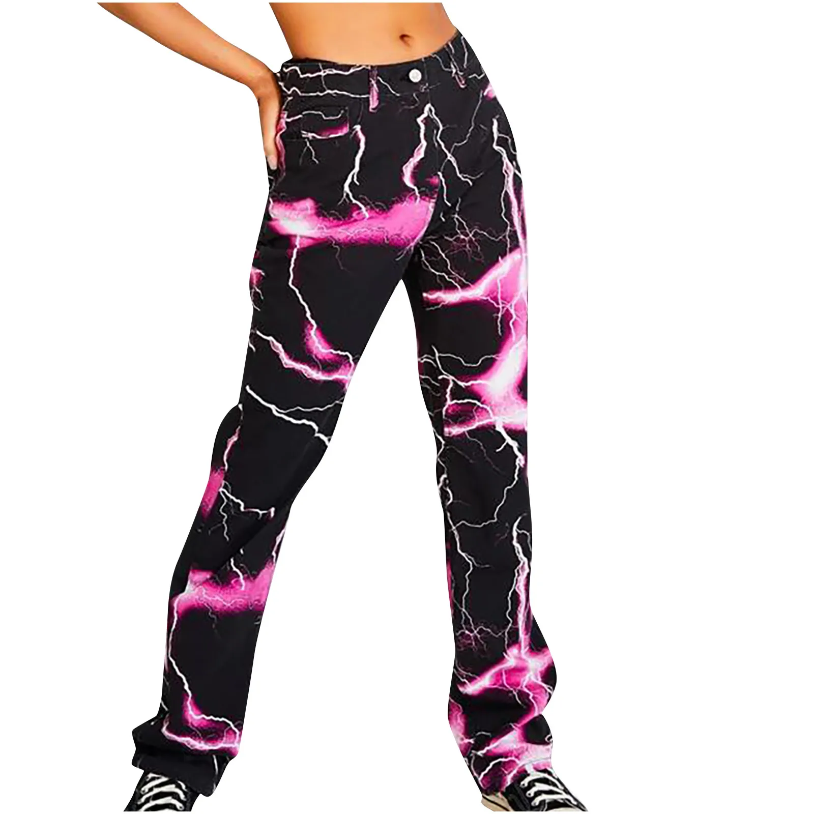 

Chic Printed Pants Trousers Women Fashion High Waist Pocket Printing Casual Loose Wide Leg Pants Jeans Pantalon Pour Femme