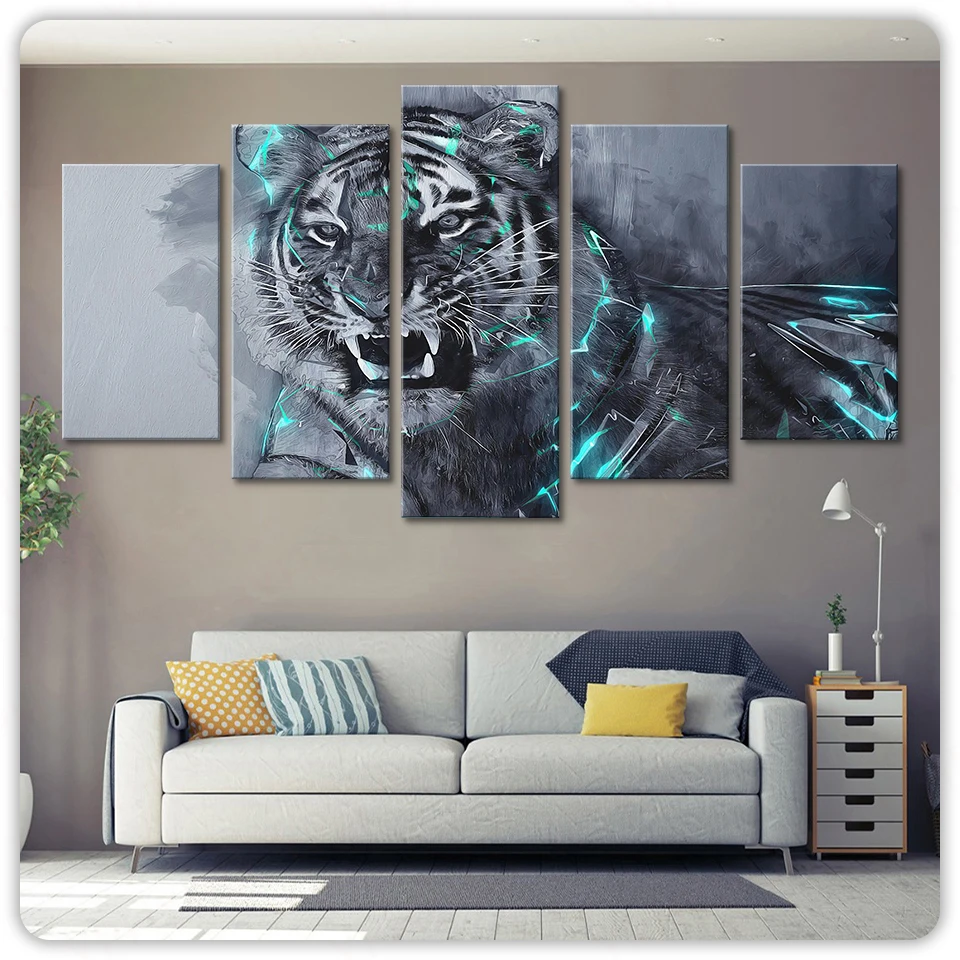 

Bedroom Or Living Room Wall Decor 5 Pieces HD Printing Fierce Tiger Animals Pictures Canvas Modular Posters Framed Paintings Art